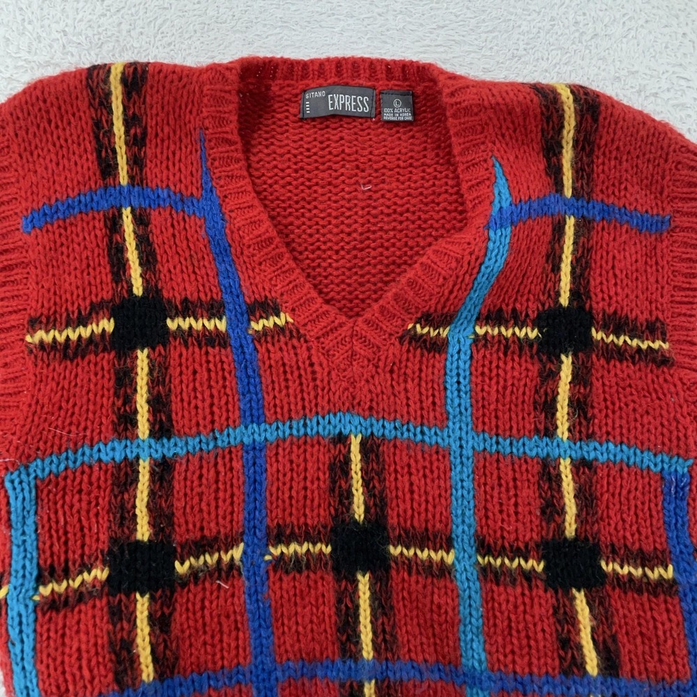 Vintage Gitano Express Sweater Vest Womens Large Red V Neck Plaid Knit 90s‎